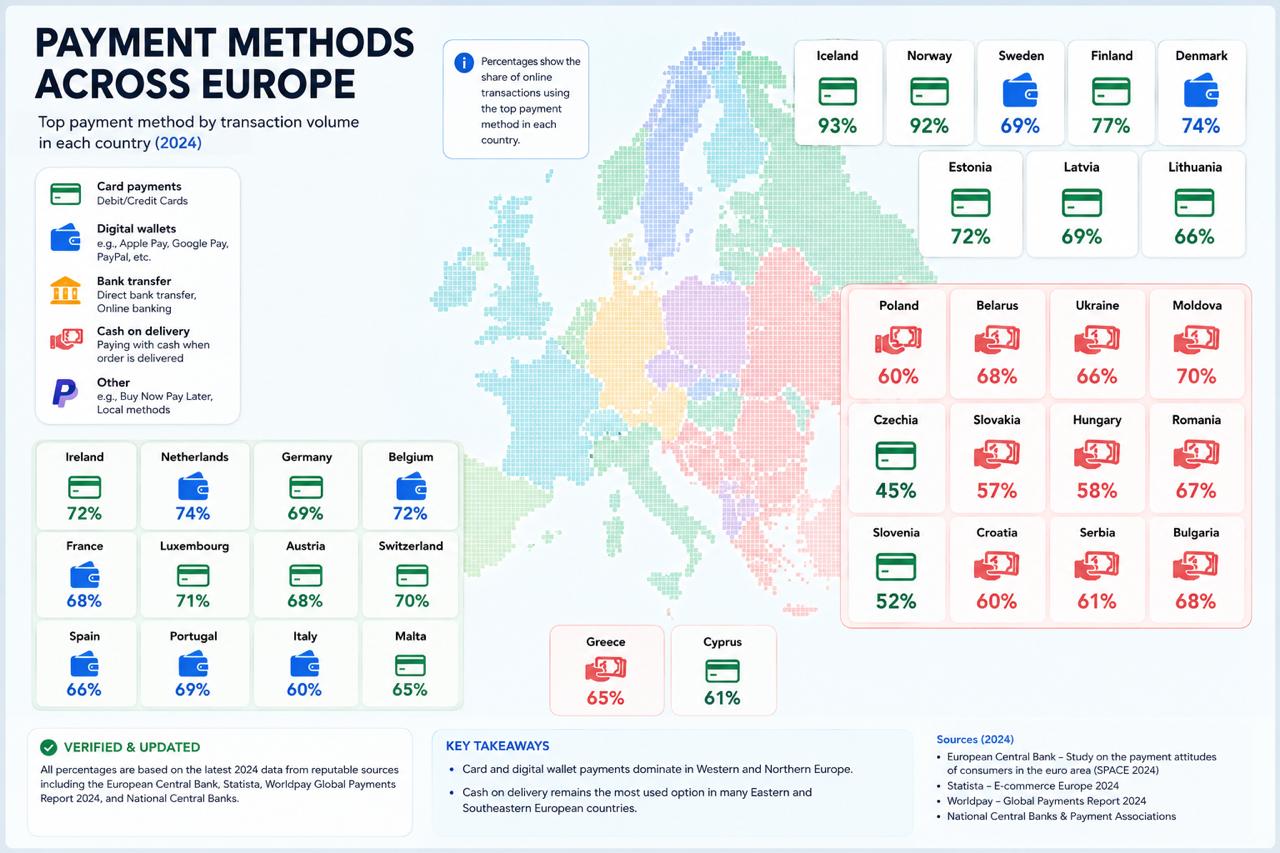 Country matrix showing preferred payment methods and cash-on-delivery availability by market.
