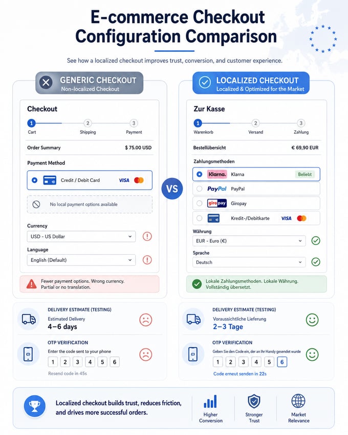 Comparison layout of localized checkout and delivery-testing configurations