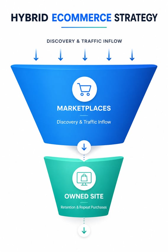 Hybrid funnel: marketplaces for discovery, owned site for retention