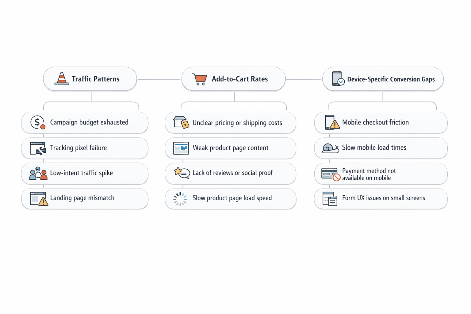 Diagnostic flowchart mapping symptoms to likely causes