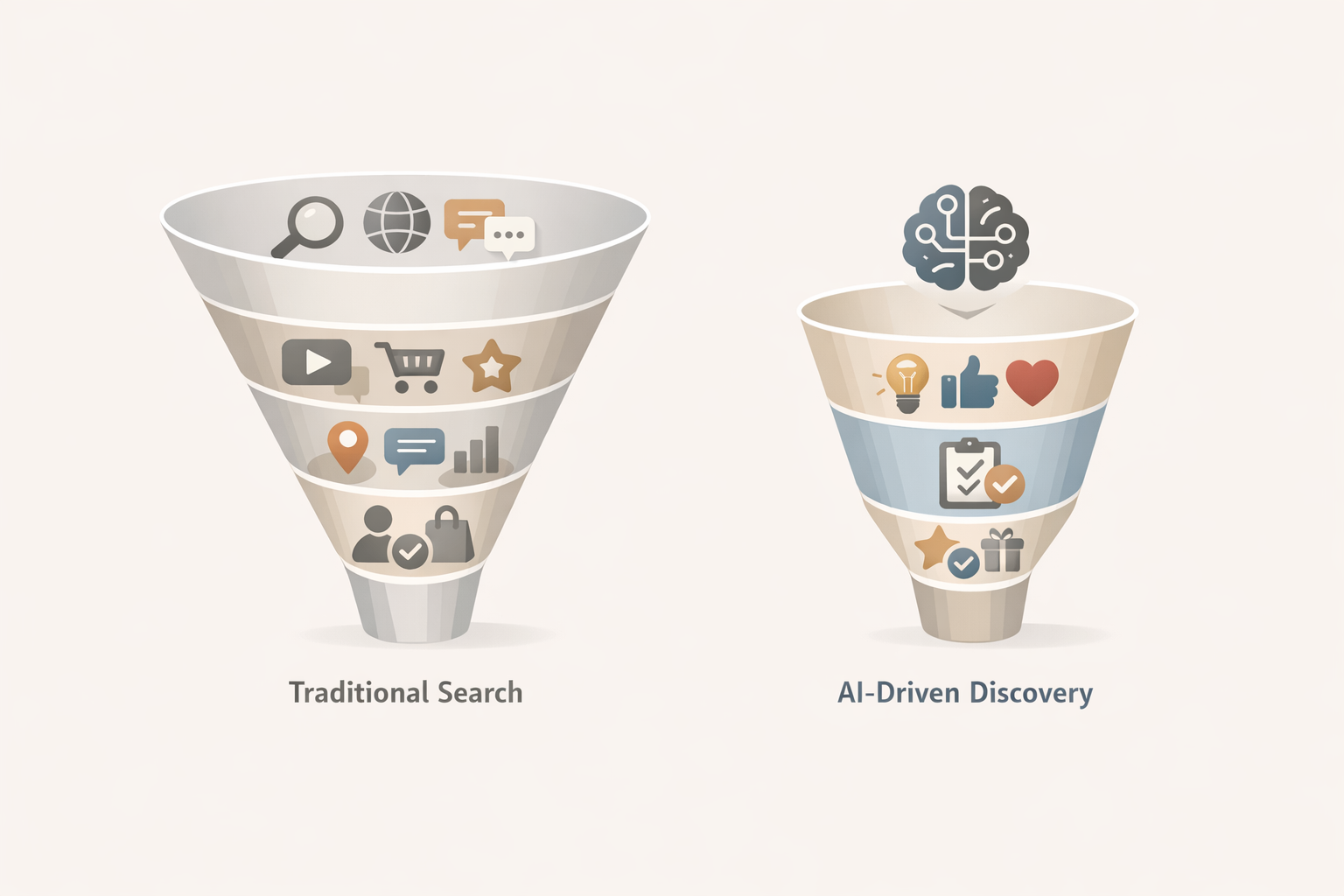 Funnel diagram comparing traditional search discovery path versus AI agent-driven discovery path