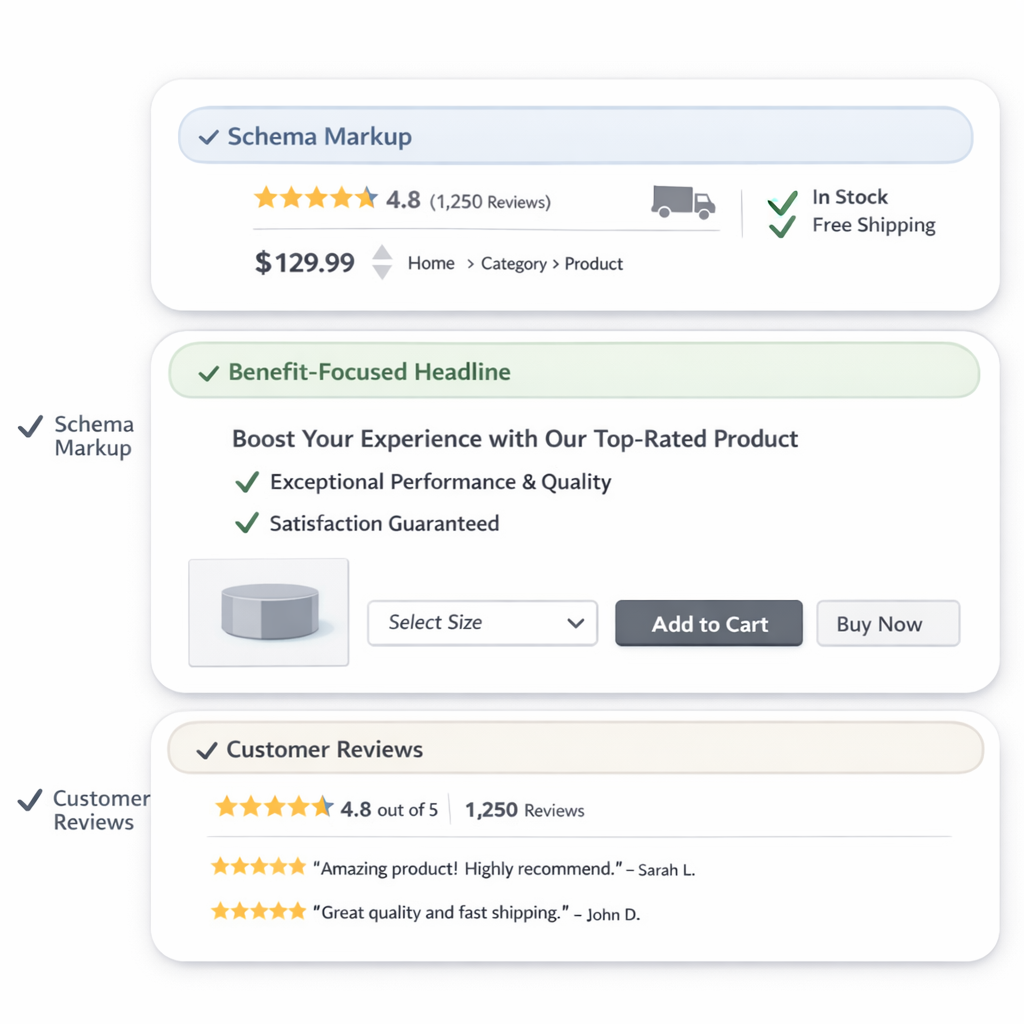 Product page checklist highlighting schema markup, benefit-focused headlines, and review placement
