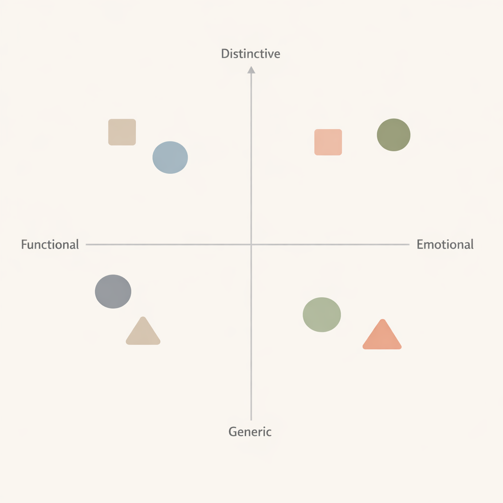 Competitive frame map plotting sample competitors on axes of emotional versus functional positioning and distinctive versus generic positioning