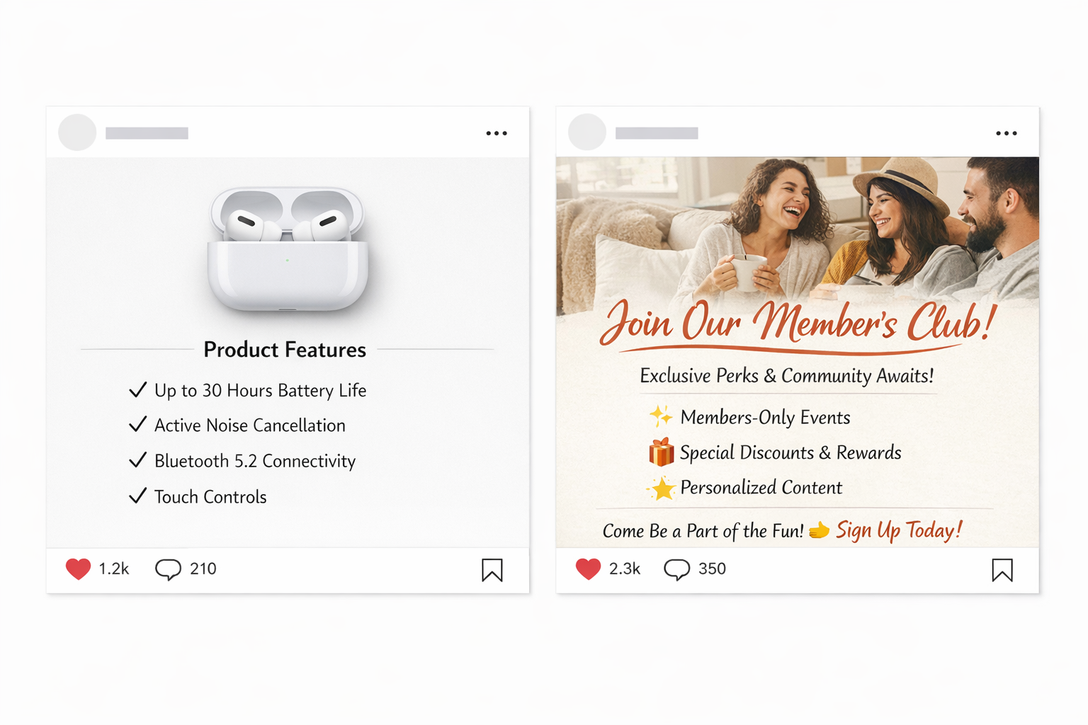 Side-by-side comparison of two social media posts: one listing product specifications, the other inviting readers to join a membership experience